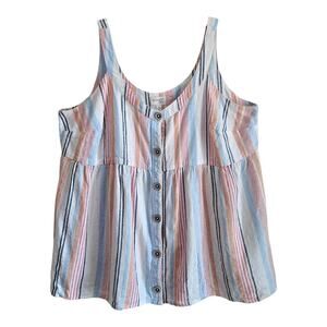 TERRA & SKY Plus 1X Tunic Tank Top Linen Blend Buttons Striped 1" Straps 44"